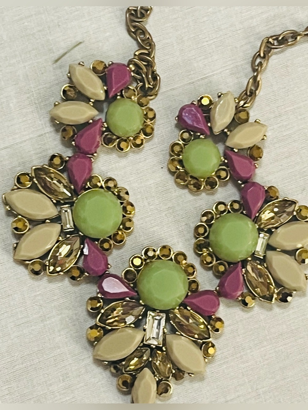 J. CREW Statement Necklace Gold Shiny Rhinestones Green Purple Beige Stones 24” - Picture 6 of 8